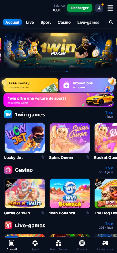 Sur la page principale de l'application 1win, vous trouverez les jeux les plus populaires, les bonus les plus récents, les événements sportifs du moment