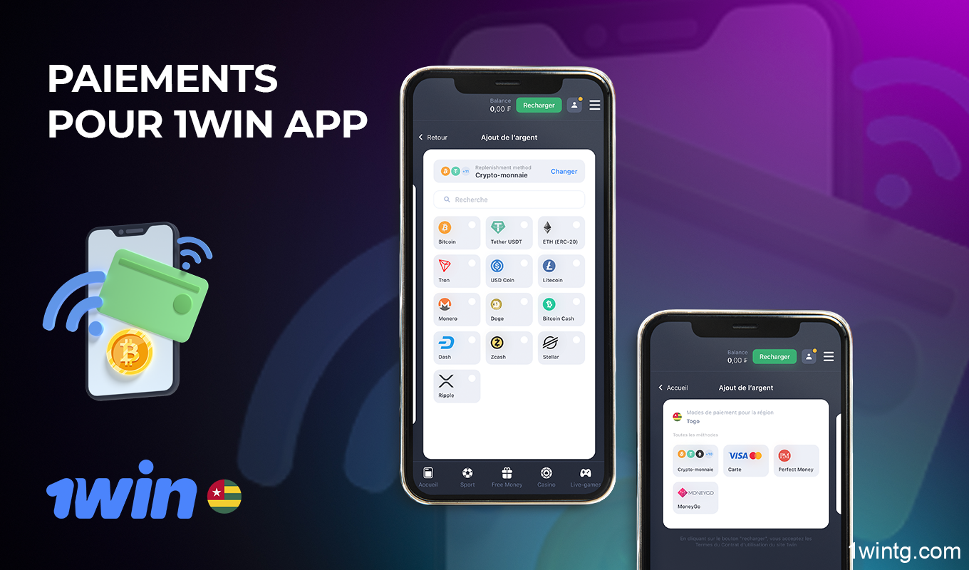 Différentes options de paiement sont disponibles dans l'application 1Win Togo