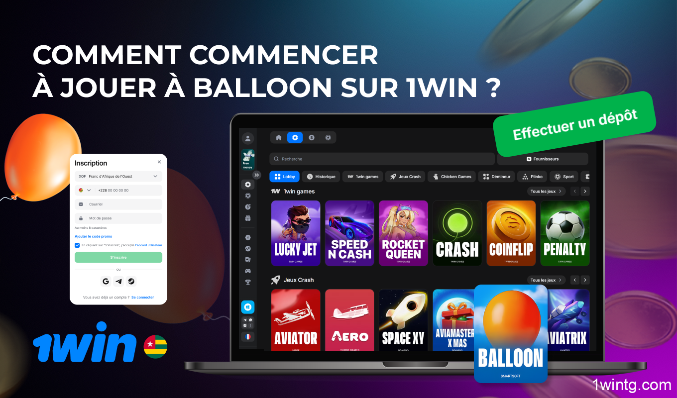 Pour jouer à Balloon sur 1win au Togo, inscrivez-vous, approvisionnez votre compte, choisissez le jeu et placez vos paris